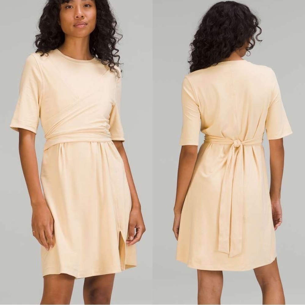 Lululemon Cotton Wrap-Front T-Shirt Dress in Cream Size: 10